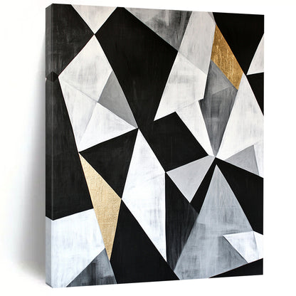 Black, White, Gray, Gold, Angular Collage "Gilded Industrial Fusion" Abstract Modernist Painting On Canvas HB128