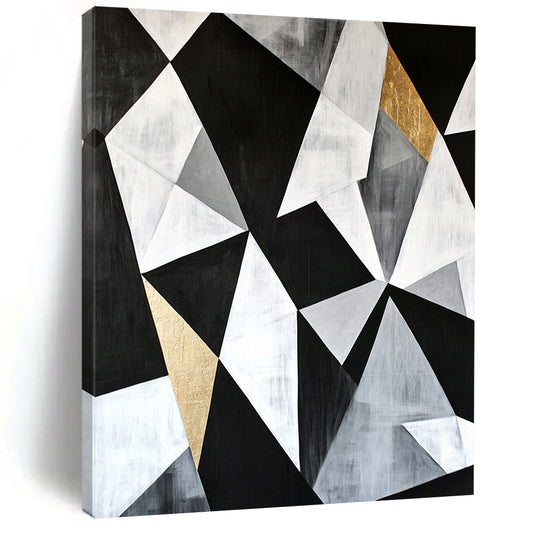 Black, White, Gray, Gold, Angular Collage "Gilded Industrial Fusion" Abstract Modernist Painting On Canvas HB128