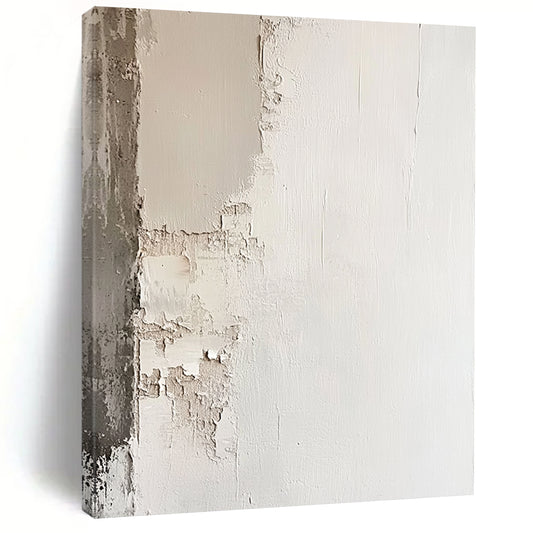 Contemporary abstract painting featuring a white plaster wall with chipped edges in neutral tones for a minimalistic and simple aesthetic. DLZ0608