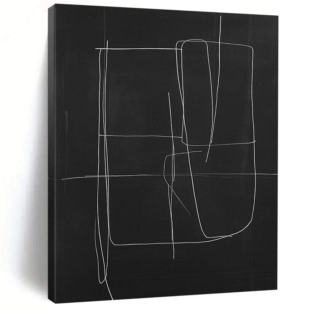 Contemporary minimalist abstract art featuring a central shape with extending lines on a black background creating a striking visual contrast. DLZ1642