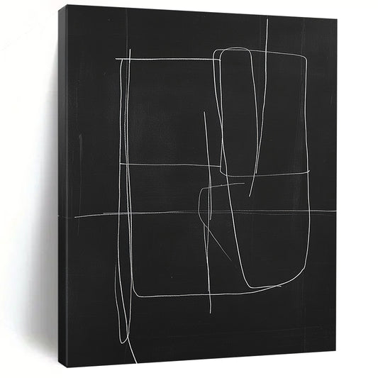 Contemporary minimalist abstract art featuring a central shape with extending lines on a black background creating a striking visual contrast. DLZ1642