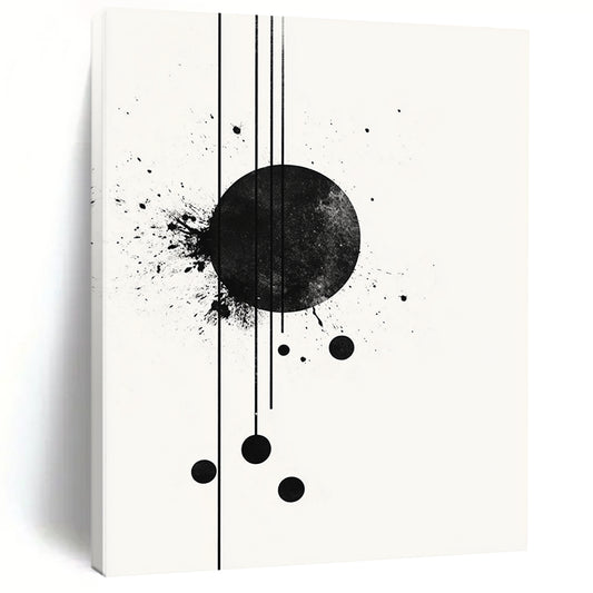 Black Circle with Splatter & Lines - “Elegant Ink Fusion” Painting On Canvas HB238