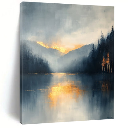 Contemporary abstract painting featuring a misty light blue and gray sky with gold leaf accents and visible brush strokes for an atmospheric effect. DLZ0514