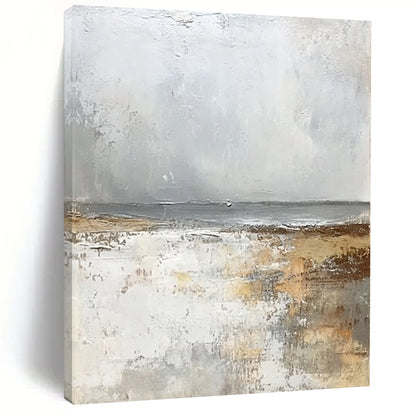 Contemporary abstract artwork featuring a serene misty beach in soft whites and greys exuding tranquility and harmony for elegant decor. DLZ0475