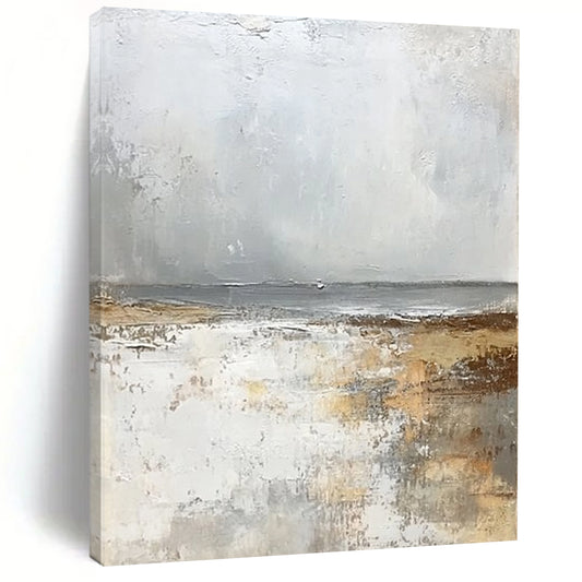 Contemporary abstract artwork featuring a serene misty beach in soft whites and greys exuding tranquility and harmony for elegant decor. DLZ0475