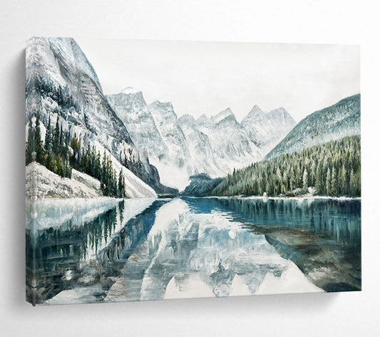 Snowy Mountain Lake Reflection - Serene Living Room Art DLZ221