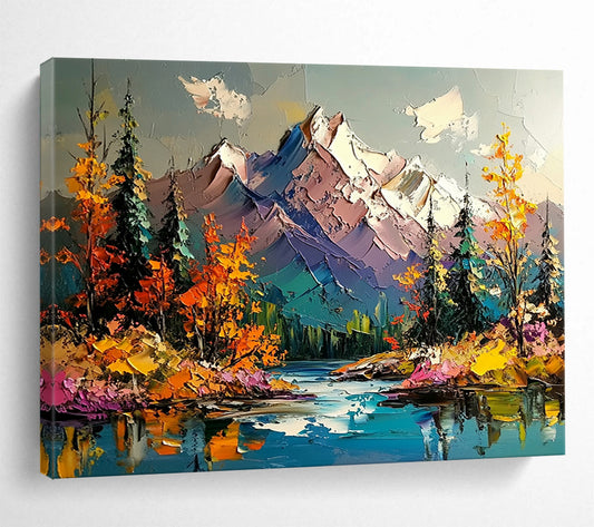 Colorful Mountain Landscape with Lake - Impasto Nature Scene Painting On Canvas HB0456