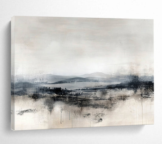 “Monochrome Misty Landscape” - Gray, Black, White, Abstract Landscape Painting On Canvas HB1109