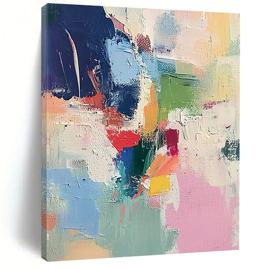 Large contemporary hand-painted abstract artwork featuring soft brushstrokes light colors thick paint and striking contrasts creating a chaotic atmospheric composition. DLZ0767