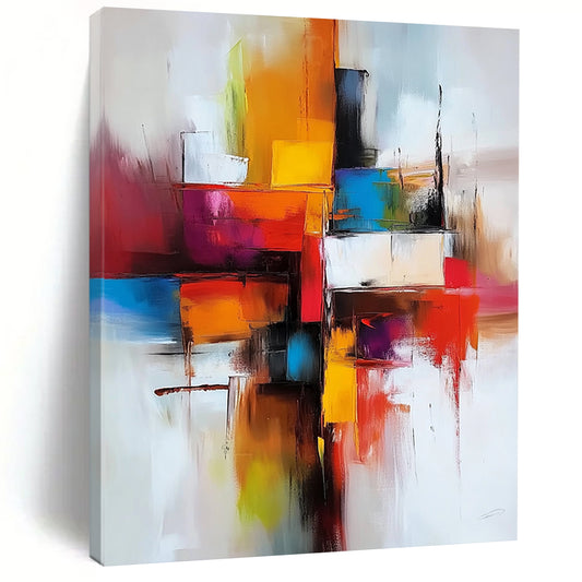 Contemporary hand-painted abstract artwork featuring vibrant reds and oranges with a central cross and dynamic geometric shapes expressing energy and fluidity. DLZ0677