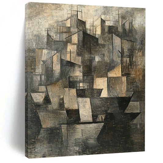 Gray, Brown and Black Cubist Cityscape "Urban Fragmentation" Painting On Canvas HB371