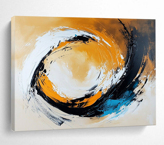 “Dynamic Swirl in Orange, Black, White, and Blue” - Orange, black, white, blue; Abstract swirling brushstrokes; Acrylic Painting On Canvas HB1232