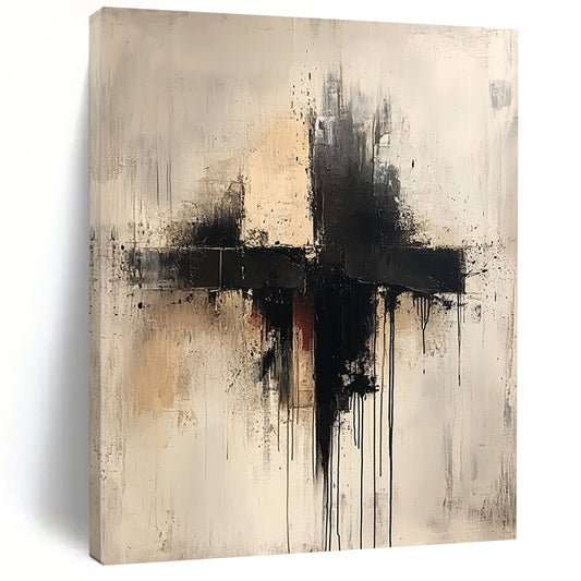 Large contemporary hand-painted abstract artwork featuring a cross in neutral tones with drips splashes and thin lines on a white background. DLZ0593
