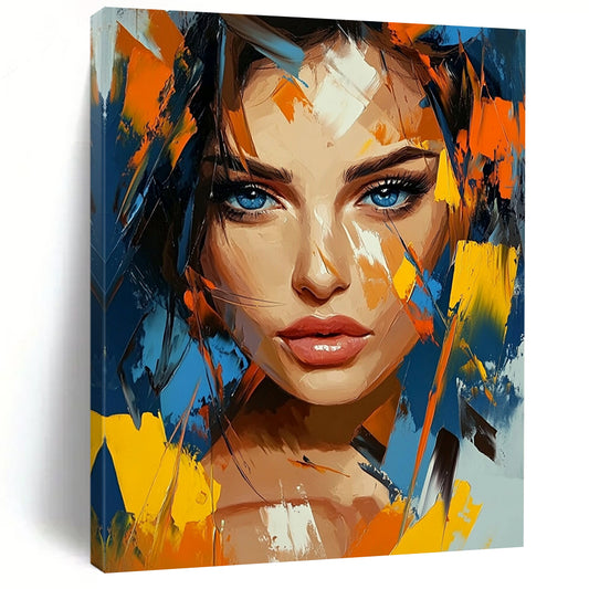 Contemporary abstract artwork featuring vivid colors and geometric shapes with expressive brushstrokes capturing a woman's beauty and depth. DLZ1130