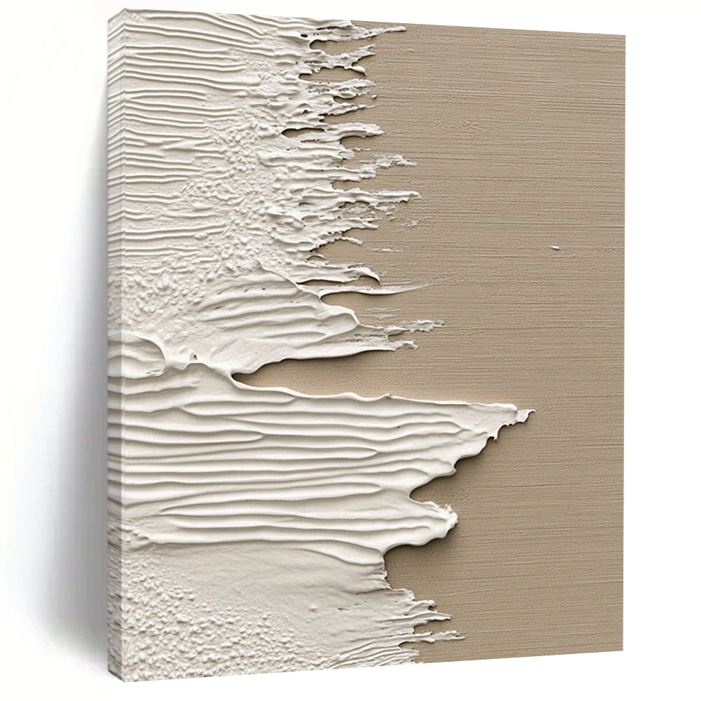 Contemporary abstract artwork featuring textured white paint on wood with a beige backdrop inspired by ocean waves in a unique splash art style. DLZ1232