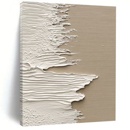 Contemporary abstract artwork featuring textured white paint on wood with a beige backdrop inspired by ocean waves in a unique splash art style. DLZ1232