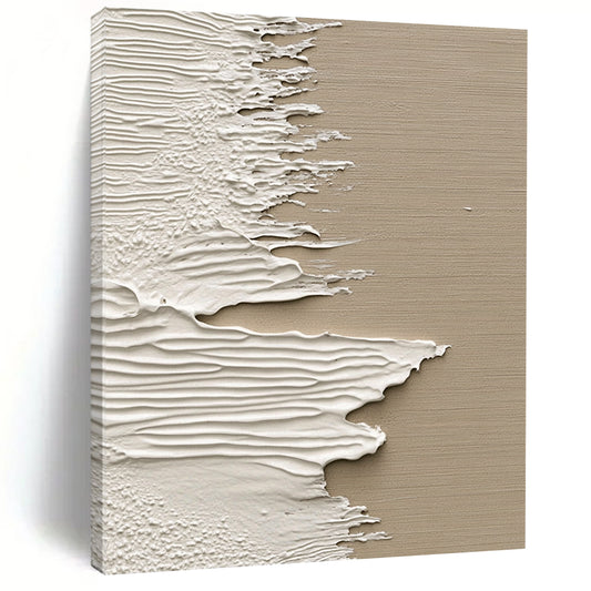 Contemporary abstract artwork featuring textured white paint on wood with a beige backdrop inspired by ocean waves in a unique splash art style. DLZ1232