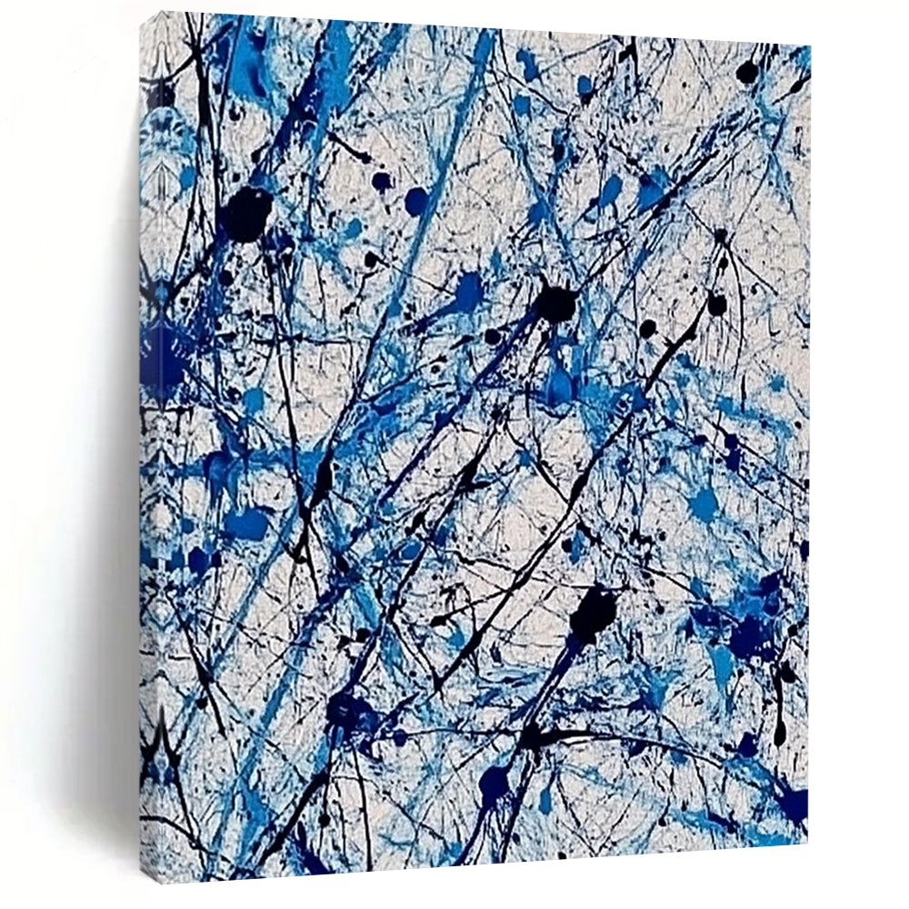 Contemporary abstract painting features vibrant blue and white ink splashes with lace-like patterns creating dynamic movement and evoking joy. DLZ1410