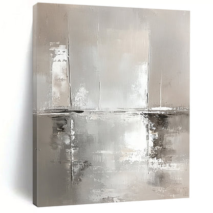 Contemporary abstract art features white and gray tones with water reflections and sailboats, showcasing loose brushstrokes and a modern minimalist aesthetic. DLZ0667