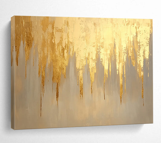“Gold Drip Abstract” - Gold, Beige, Gray, Dripping Forms - Painting On Canvas HB1429
