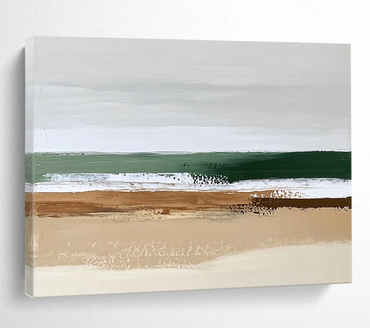 “Abstract Beach Layers” - Earthy brown, green, white, Minimalist Seascape Painting On Canvas HB0614