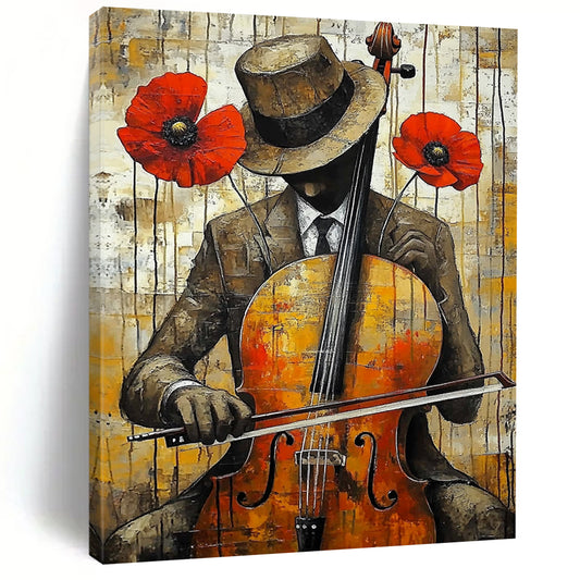 Contemporary abstract art featuring a cello player in vibrant yellow red and brown with dripping paint effect and urban background showcasing heavy brush strokes. DLZ1304