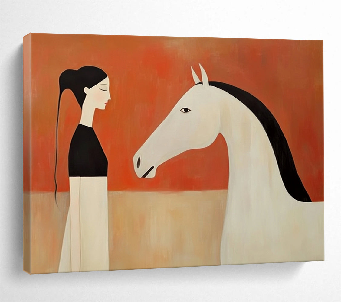“Stylized Woman & Horse Encounter” - Black, White, Orange, Figurative Painting On Canvas HB0771