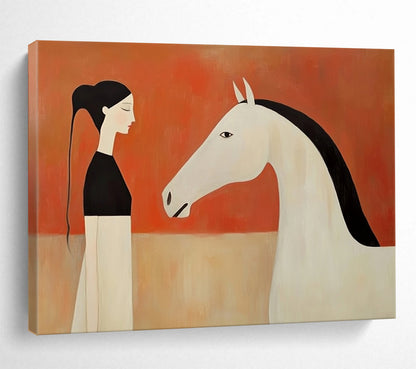 “Stylized Woman & Horse Encounter” - Black, White, Orange, Figurative Painting On Canvas HB0771