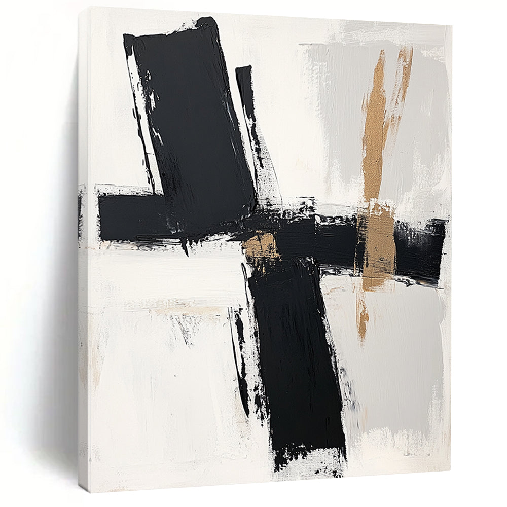 Black, White, Beige, Bold Brushstrokes "Minimalist Crossroads" Abstract Contemporary Painting On Canvas HB050