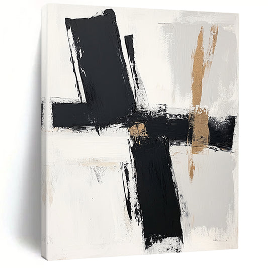 Black, White, Beige, Bold Brushstrokes "Minimalist Crossroads" Abstract Contemporary Painting On Canvas HB050