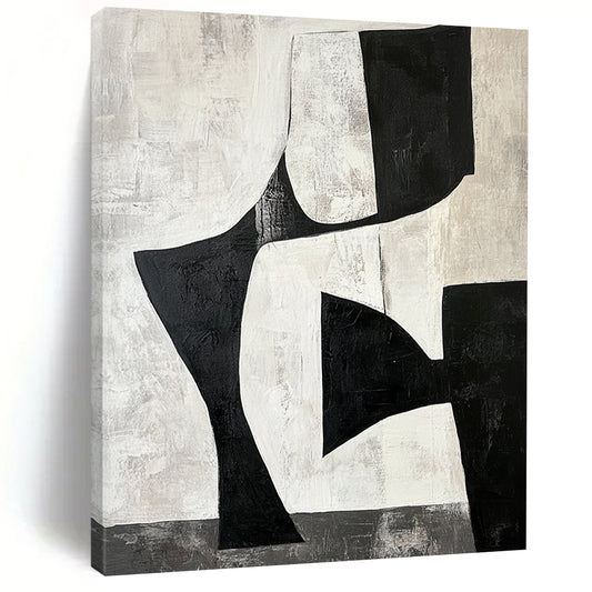 Contemporary hand-painted abstract artwork featuring black and white shapes creating negative space resembling legs against a gray-toned background. DLZ1392