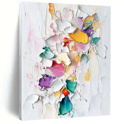 Contemporary abstract painting featuring colorful porcelain pieces and thick brush strokes on a textured white background in a pastel palette. DLZ0834
