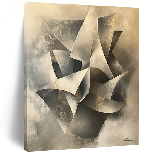 Gray, Silver, Gold and White Geometric Abstraction "Elegant Folds" Painting On Canvas HB394