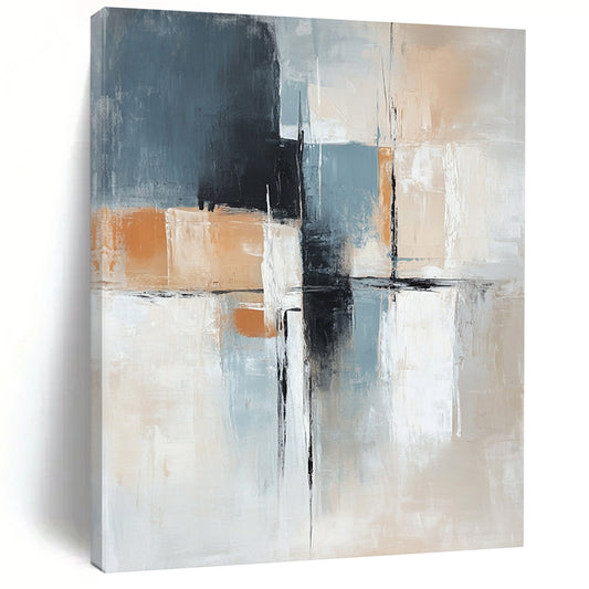 Large contemporary hand-painted abstract artwork in blue beige and grey with black lines soft white shapes and an orange accent in a minimalist style. DLZ1044