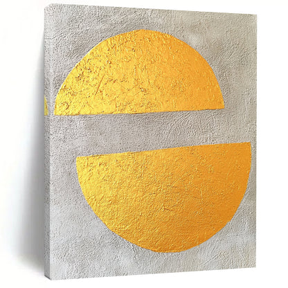 Contemporary abstract art featuring gold leaf on gray concrete with two large flat semicircles, creating a minimalist and striking visual experience. DLZ1579