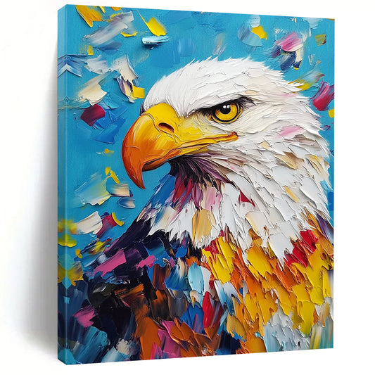 Contemporary abstract artwork features a colorful bald eagle in impasto oil style against a striking blue background, perfect for modern decor. DLZ1569