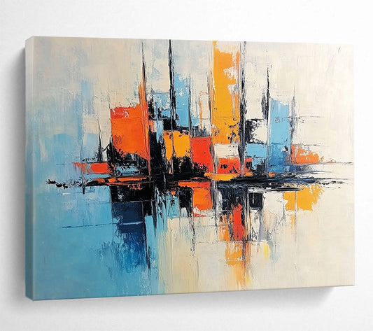 “Minimalist City Abstraction” - Blue, Orange, White, Abstract City Forms Painting On Canvas HB0987