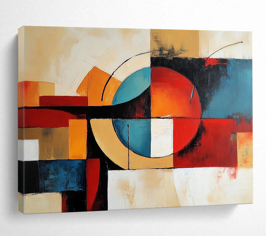 “Geometric Abstract Composition” - Red, blue, orange, beige, white; Geometric abstract shapes and lines; Acrylic Painting On Canvas HB1241
