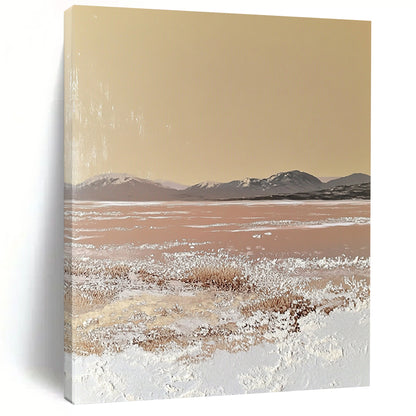 Contemporary hand-painted abstract artwork featuring a textured beige canvas with soft edges and gentle color transitions, inspired by a vast desert landscape. DLZ1487