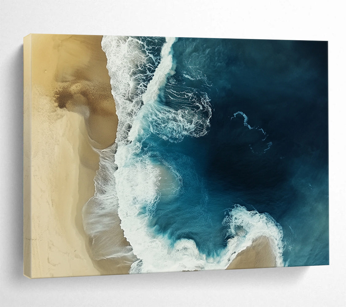 “Aerial Beach View” - Blue, White, Beige with Ocean and Sand - Aerial Photography Print HB1355