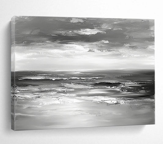 “Impasto Sea Waves in Gray” - Gray, White, Textured Sea Waves Painting On Canvas HB0801