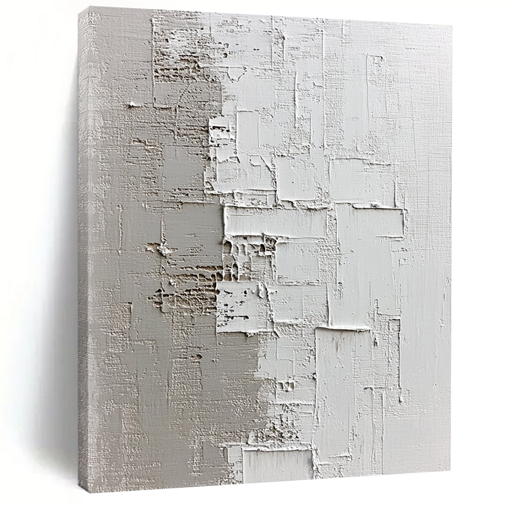 Contemporary hand-painted abstract artwork showcasing textured light gray and dark beige shades on a dark plaster background, evoking tranquility and depth. DLZ0832