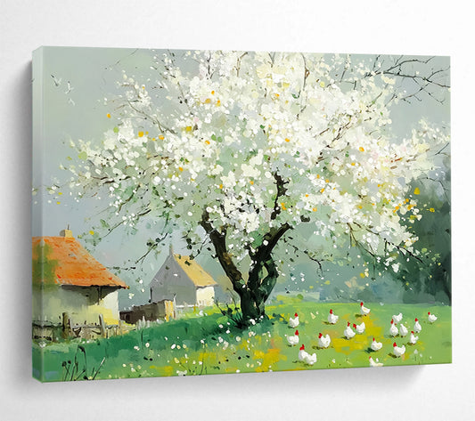 “Blossoming Tree & Farm Scene” - White blossoms, green field, farmhouses, Impressionist Landscape Painting On Canvas HB0597