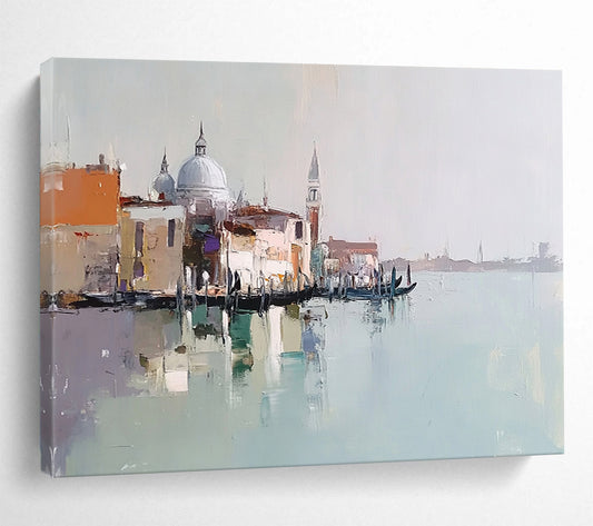 “Venice Impression Abstract” - Beige, Blue, Orange with Venice Scene - Painting On Canvas HB1403