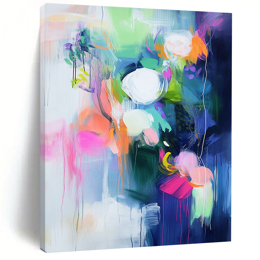 Large contemporary hand-painted abstract art with bright colors bold brushstrokes vibrant shapes and soft lighting creating emotional depth and atmosphere. DLZ1029