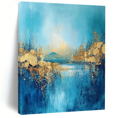 Contemporary large abstract painting features textured fringe with a landscape illuminated by golden light and adorned with gold foil accents. DLZ0345
