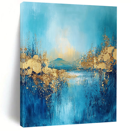 Contemporary large abstract painting features textured fringe with a landscape illuminated by golden light and adorned with gold foil accents. DLZ0345