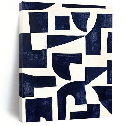 Contemporary hand-painted abstract art features navy blue shapes on a white background inspired by Matisse's cutouts with dark indigo and off-white accents. DLZ1430