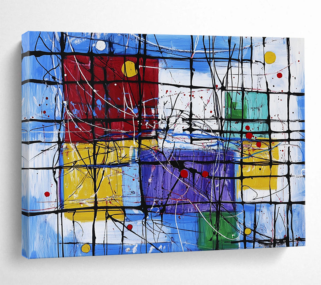 “Colorful Geometric Abstract with Black Grid” - Modernist Painting On Canvas HB0518