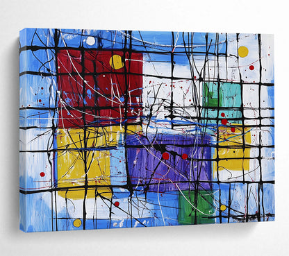 “Colorful Geometric Abstract with Black Grid” - Modernist Painting On Canvas HB0518